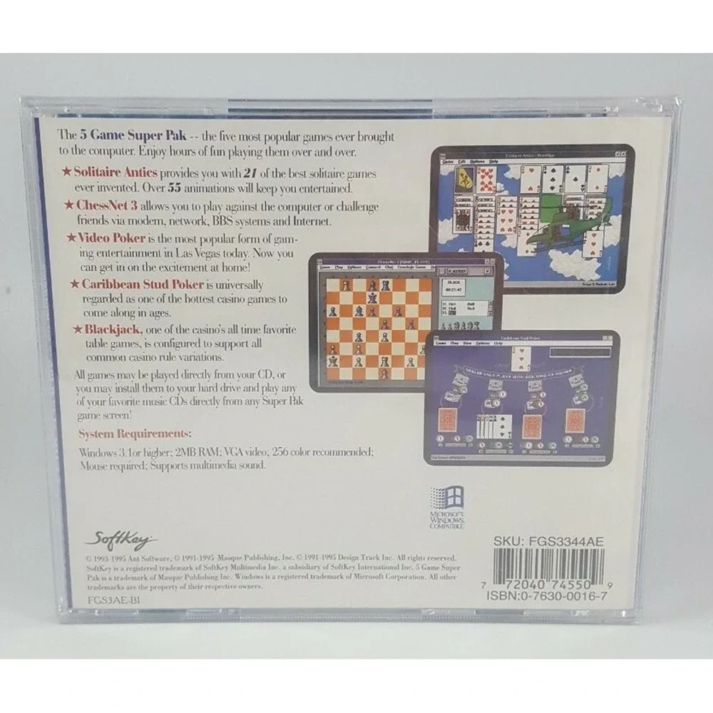 5-Game Super Pak (CD-ROM, Windows 95, 1995) 3.1 or Higher Chess Black Jack Poker